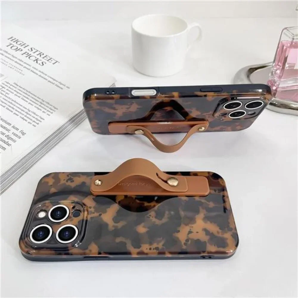 Ip 16 15 14 Pro Pro Max Chic Leopard Tortoise Shell iPhone Case Wrist Strap - Picture 3 of 6